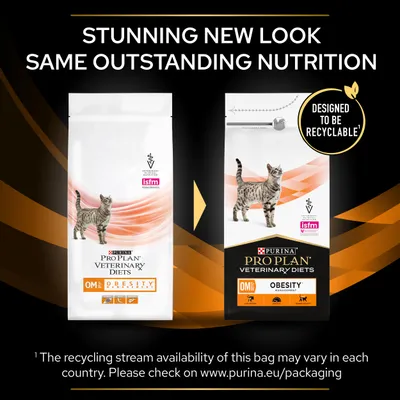 Purina Pro Plan Veterinary Diets OM Obesity Management cat food, old and new packaging shown. Text: Stunning new look, same outstanding nutrition. Designed to be recyclable.