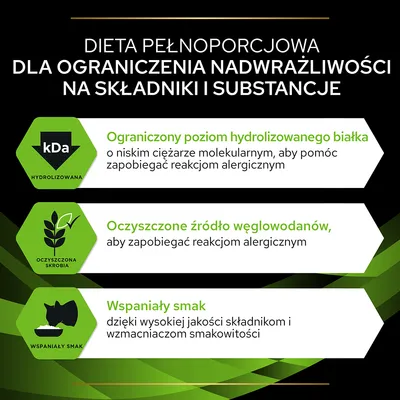 Dieta pełnoporcjowa dla ograniczenia nadwrażliwości: hydrolizowane białko, oczyszczona skrobia, wspaniały smak dzięki wysokiej jakości składnikom i wzmacniaczom smakowitości.