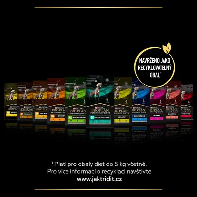 Různé varianty krmiva Purina Pro Plan Veterinary Diets pro psy, nápis: Navrženo jako recyklovatelný obal. Platí pro obaly diet do 5 kg včetně. www.jaktridit.cz