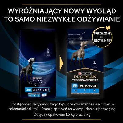 Porównanie starego i nowego opakowania karmy PURINA PRO PLAN VETERINARY DIETS DRM Dermatosis dla psów. Informacja: przeznaczone do recyklingu, dotyczy opakowań 1,5 kg oraz 3 kg.