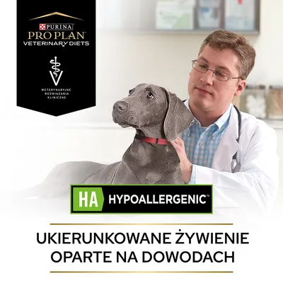 Purina Pro Plan Veterinary Diets, HA Hypoallergenic, weterynaryjne rozwiązania kliniczne. Ukierunkowane żywienie oparte na dowodach. Pies u weterynarza.