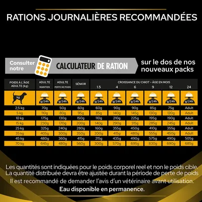 Tableau des rations journalières recommandées pour chiens selon poids et âge : adulte maintien, perte de poids, sénior, croissance chiot. Quantités en g/24h. Eau disponible en permanence.