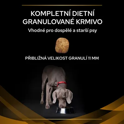 Text v češtine: Kompletní dietní granulované krmivo, vhodné pro dospělé a starší psy, přibližná velikost granulí 11 mm. Zobrazená granula a pes pri miske.