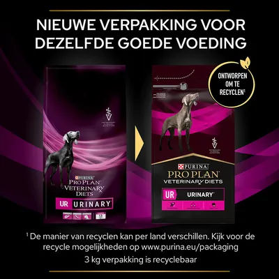 Nieuwe verpakking Purina Pro Plan Veterinary Diets UR Urinary hondenvoer, ontworpen om te recyclen. Zelfde voeding, 3 kg verpakking recyclebaar. Zie www.purina.eu/packaging voor info.