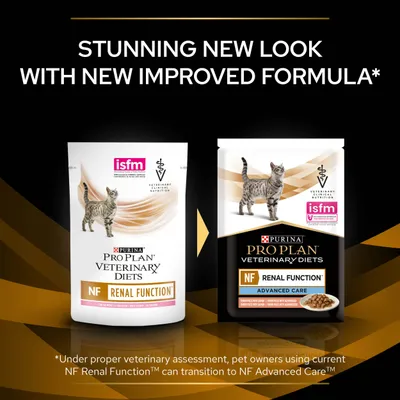 Comparison of old and new Purina Pro Plan Veterinary Diets NF Renal Function packaging, highlighting a new improved formula and transition guidance for current users.
