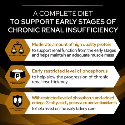Tekst na engleskom: A complete diet to support early stages of chronic renal insufficiency. Moderate protein, ograničen fosfor, omega-3, kalij i antioksidansi za podršku bubrezima.