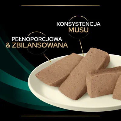 Pełnoporcjowa i zbilansowana karma o konsystencji musu, pokazana w formie kawałków na talerzu. Widoczne napisy: „PEŁNOPORCJOWA & ZBILANSOWANA”, „KONSYSTENCJA MUSU”.