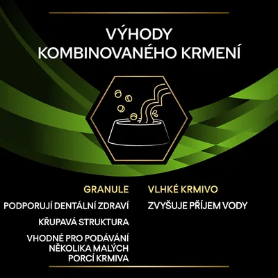 Výhody kombinovaného kŕmenia: granule podporujú dentálne zdravie, chrumkavá štruktúra, vhodné na podávanie viacerých malých porcií; vlhké krmivo zvyšuje príjem vody. Text v češtine.