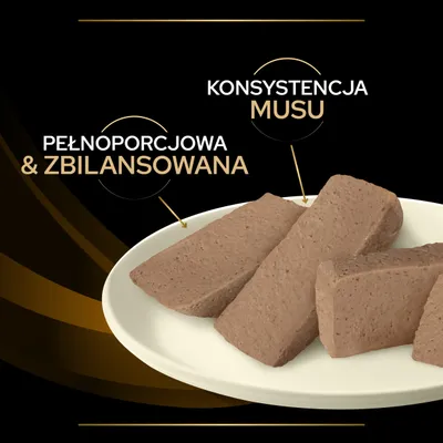 Kawałki karmy na talerzu, tekst: pełnoporcjowa & zbilansowana, konsystencja musu.