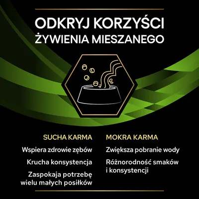 Odkryj korzyści żywienia mieszanego: sucha karma – wspiera zdrowie zębów, krucha konsystencja, wiele małych posiłków; mokra karma – zwiększa pobranie wody, różnorodność smaków i konsystencji.