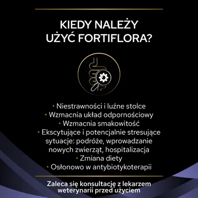 Kiedy należy użyć Fortiflora? Niestrawności i luźne stolce, wzmacnia układ odpornościowy, smakowitość, stresujące sytuacje, zmiana diety, osłonowo w antybiotykoterapii. Zaleca się konsultację z lekarzem weterynarii przed użyciem.