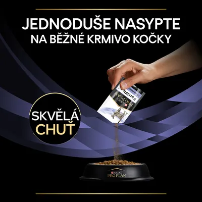 Ruka sype obsah sáčku Purina Pro Plan FortiFlora na krmivo v misce, text: Jednoduše nasypte na běžné krmivo kočky, Skvělá chuť.