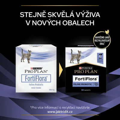 Porovnání starého a nového obalu Purina Pro Plan FortiFlora Feline Probiotic 30×1g, text: Stejně skvělá výživa v nových obalech, navrženo jako recyklovatelný obal.