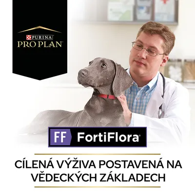 Purina Pro Plan, FortiFlora. Cielená výživa postavená na vedeckých základoch. Text v češtine.