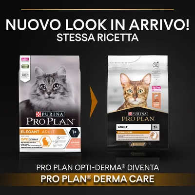 Nuovo look in arrivo! Stessa ricetta. Pro Plan Opti-Derma diventa Pro Plan Derma Care. Immagine di due confezioni Purina Pro Plan per gatti adulti 1+ con salmone.