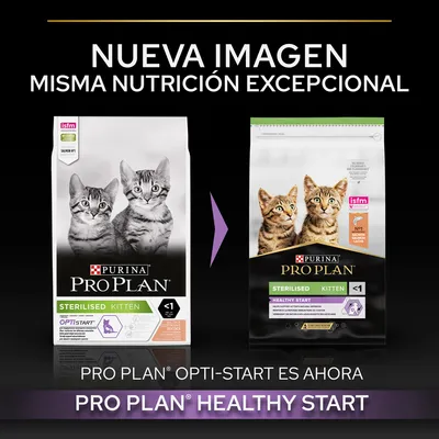 Cambio de imagen en el envase de Purina Pro Plan Sterilised Kitten: antes OptiStart, ahora Healthy Start. Texto: 'Nueva imagen, misma nutrición excepcional'.