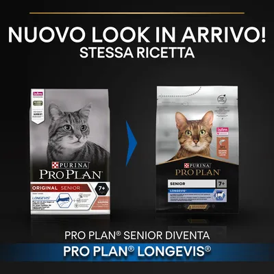 Immagine con due confezioni di Purina Pro Plan per gatti senior 7+, testo: 'Nuovo look in arrivo! Stessa ricetta. Pro Plan Senior diventa Pro Plan LongevIs'.