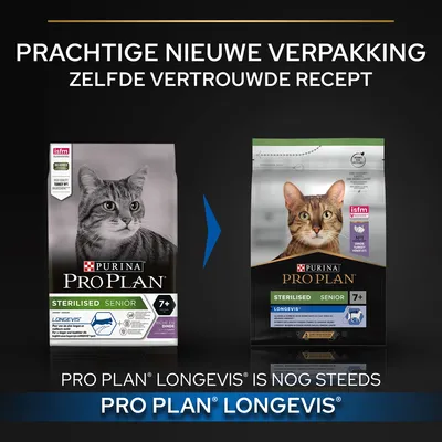Vergelijking oude en nieuwe verpakking Purina Pro Plan Sterilised Senior 7+ kattenvoer met tekst: Prachtige nieuwe verpakking, zelfde vertrouwde recept. Pro Plan Longevis is nog steeds Pro Plan Longevis.