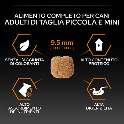 Alimento completo per cani adulti di taglia piccola e mini, crocchetta 9,5 mm, senza l'aggiunta di coloranti, alto contenuto proteico, alto assorbimento dei nutrienti, alta digeribilità.