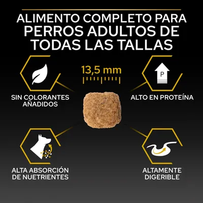 Alimento completo para perros adultos de todas las tallas. Croqueta de 13,5 mm. Sin colorantes añadidos, alto en proteína, alta absorción de nutrientes, altamente digerible.