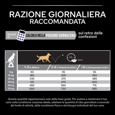 Tabella razione giornaliera raccomandata per cani: da 1 kg a 70 kg, suddivisa per livello di attività (1–3 h, 3–6 h, >6 h). Esempio: 10 kg, 180–260 g/giorno. Consigli di adattamento inclusi.