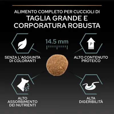 Alimento completo per cuccioli di taglia grande e corporatura robusta, crocchetta 14,5 mm, senza aggiunta di coloranti, alto contenuto proteico, alto assorbimento nutrienti, alta digeribilità.