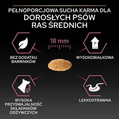 Pełnoporcjowa sucha karma dla dorosłych psów ras średnich, 18 mm. Bez dodatku barwników, wysokobiałkowa, wysoka przyswajalność składników odżywczych, lekkostrawna.