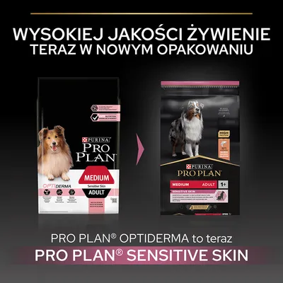 Zmiana opakowania karmy Purina Pro Plan: Optiderma Medium Sensitive Skin Adult na Pro Plan Sensitive Skin Medium Adult 1+ z łososiem. Informacja o wysokiej jakości żywieniu.