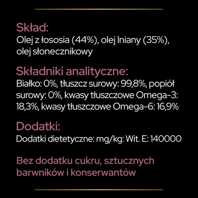 Skład: olej z łososia 44%, olej lniany 35%, olej słonecznikowy. Białko 0%, tłuszcz surowy 99,8%, popiół 0%, Omega-3 18,3%, Omega-6 16,9%. Wit. E: 140000 mg/kg. Bez cukru, barwników i konserwantów.