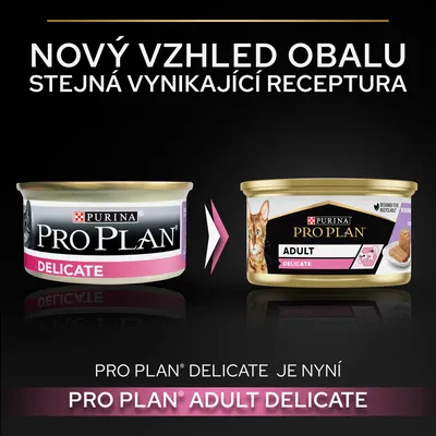 Zmena obalu: Purina Pro Plan Delicate je teraz Purina Pro Plan Adult Delicate. Nový vzhľad obalu, rovnaká receptúra. Text v češtine.