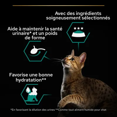 Avec des ingrédients soigneusement sélectionnés. Aide à maintenir la santé urinaire* et un poids de forme. Favorise une bonne hydratation**. *En favorisant la dilution des urines **Comme tout aliment humide pour chat