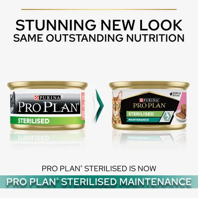 Promjena izgleda Purina Pro Plan Sterilised hrane za mačke: stara i nova konzerva s natpisima 'STERILISED' i 'STERILISED MAINTENANCE'. Tekst na engleskom jeziku.