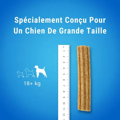 Spécialement conçu pour un chien de grande taille, 18+ kg. Friandise à côté d’une règle en centimètres montrant la longueur du produit.