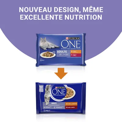Imagine cu două ambalaje Purina ONE Adulte pentru pisici, vechi și nou, cu text în franceză: 'Nouveau design, même excellente nutrition'. Săgeată portocalie indică tranziția de la vechi la nou.