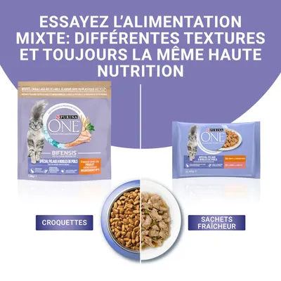 PURINA ONE Bifensis για γάτες: συσκευασία ξηράς τροφής 1,5 kg και συσκευασία φακελίσκων. Κείμενο στα γαλλικά: ESSAYEZ L’ALIMENTATION MIXTE: DIFFÉRENTES TEXTURES ET TOUJOURS LA MÊME HAUTE NUTRITION.