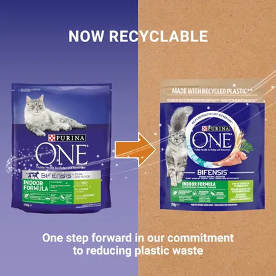 Image showing Purina One Indoor Formula packaging change to recyclable material, with text stating 'Now recyclable' and 'One step forward in our commitment to reducing plastic waste'.