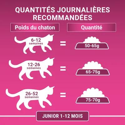 Instrucțiuni de hrănire pentru pisoi: 6–12 săptămâni 50–65g, 12–26 săptămâni 65–75g, 26–52 săptămâni 75–70g. Text în franceză: Junior 1–12 mois.