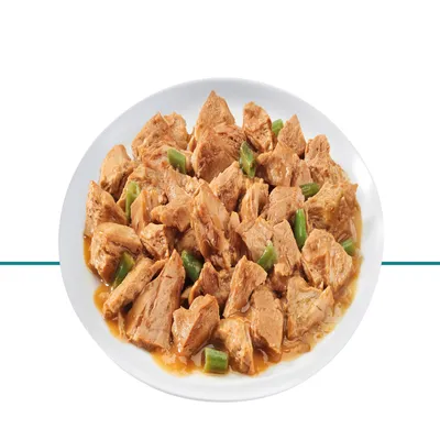 Ciotola con bocconcini di carne in salsa e pezzetti verdi, alimento umido per pet visibile su piatto bianco.