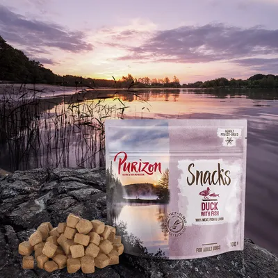 Purizon Snacks Duck with Fish, 100 % meat, fish & liver, gently freeze-dried, for adult dogs, 100 g. Zobrazeny kostičky pamlsků a balení na pozadí jezera.