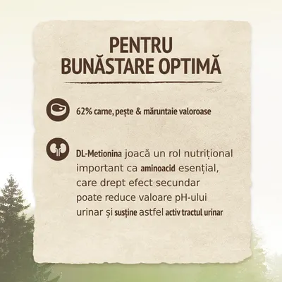 PENTRU BUNĂSTARE OPTIMĂ. 62% carne, pește & măruntaie valoroase. DL-Metionina joacă un rol nutrițional important ca aminoacid esențial, poate reduce valoarea pH-ului urinar și susține activ tractul urinar.