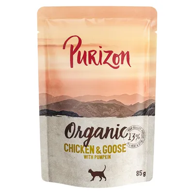 Purizon Organic Chicken & Goose med græskar, 85g. Højt proteinindhold: 13%, 25% kød og indmad. Kattefoder i premiumkvalitet.