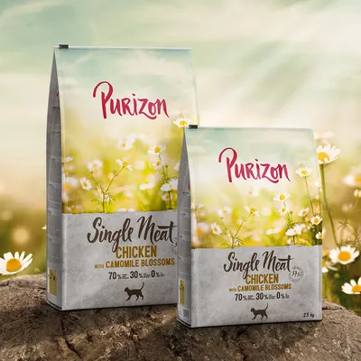 Purizon Single Meat Chicken z kwiatami rumianku. 70% mięsa, 30% warzyw, 0% zbóż. Opakowanie w dwóch rozmiarach: 2,5 kg i mniejsze widoczne.