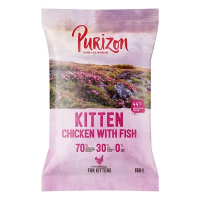 Purizon Kitten Chicken with Fish, 44 % high-quality protein, 70 % ingrédients d’origine animale, 30 % fruits et herbes, 0 % céréales ajoutées, 150 g. Pour chatons.
