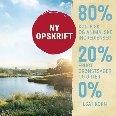 NY OPSKRIFT. 80 % kød, fisk og animalske ingredienser, 20 % frugt, grøntsager og urter, 0 % tilsat korn.