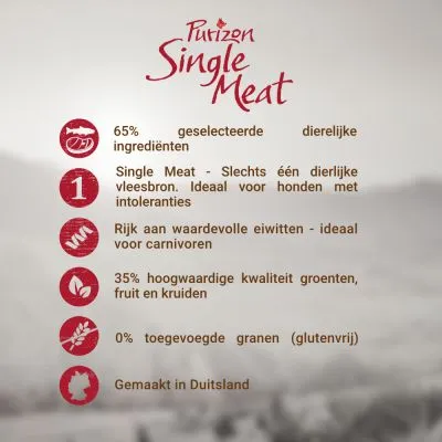 Purizon Single Meat: 65% geselecteerde dierlijke ingrediënten, slechts één vleesbron, rijk aan eiwitten, 35% groenten/fruit/kruiden, 0% toegevoegde granen (glutenvrij), gemaakt in Duitsland.