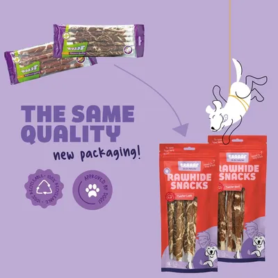 BRAAAF Rawhide Snacks old and new packaging, text: THE SAME QUALITY new packaging! Recyclable 100%, Approved by Dogs, Twister Lamb, Twister Beef visible on packs.