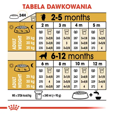 Tabela dawkowania karmy dla szczeniąt według wieku (2–12 miesięcy) i docelowej masy ciała psa: 25, 30, 35 kg. Podano ilości w gramach i miarkach na dzień.
