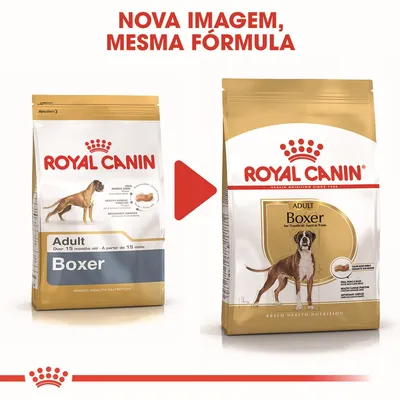 Comparação de embalagens Royal Canin Adult Boxer. Texto: 'NOVA IMAGEM, MESMA FÓRMULA'. Ambas mostram cão Boxer e croquete, com detalhes em inglês e francês.