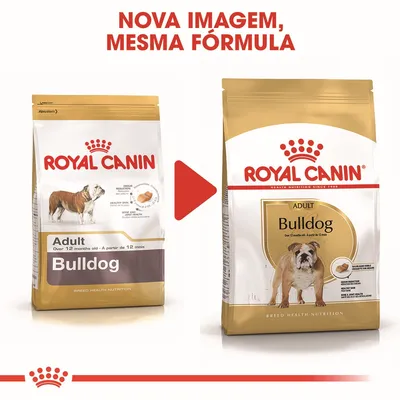 Duas embalagens de ração Royal Canin Bulldog Adult, antes e depois da mudança de imagem. Texto visível: 'NOVA IMAGEM, MESMA FÓRMULA'. Ambas mostram cão bulldog e detalhes do produto.