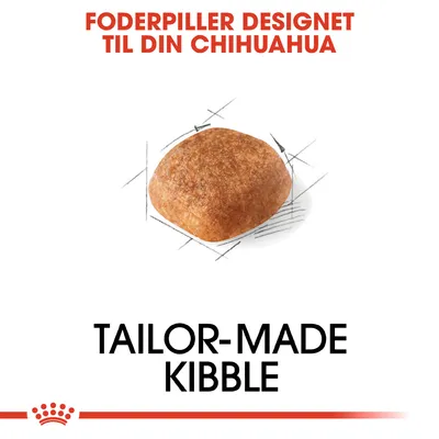 Foderpille med teksten: FODERPILLER DESIGNET TIL DIN CHIHUAHUA og TAILOR-MADE KIBBLE. Billedet viser en enkelt foderpille til hund.
